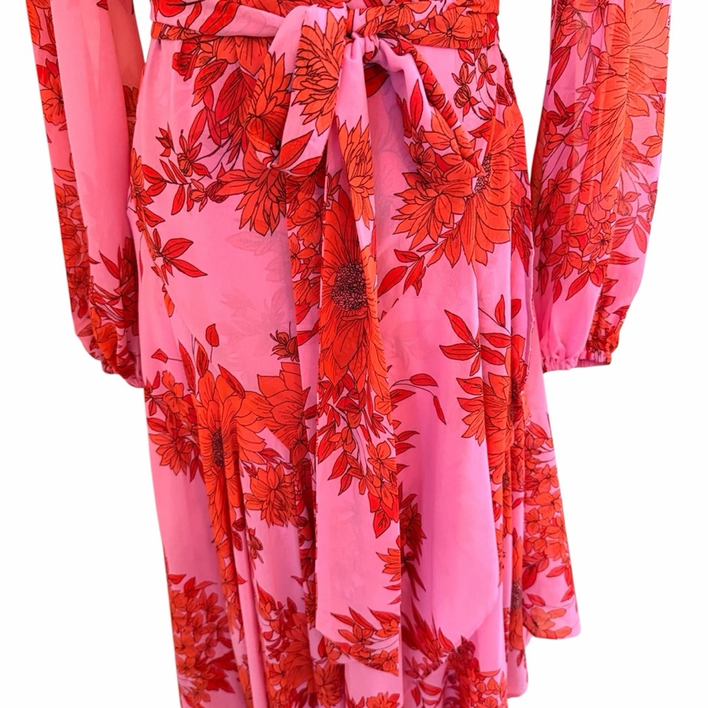 CAbi Pink/Red Chiffon Floral "Drama" Wrap Style Midi Dress #5614 S - Picture 5 of 12